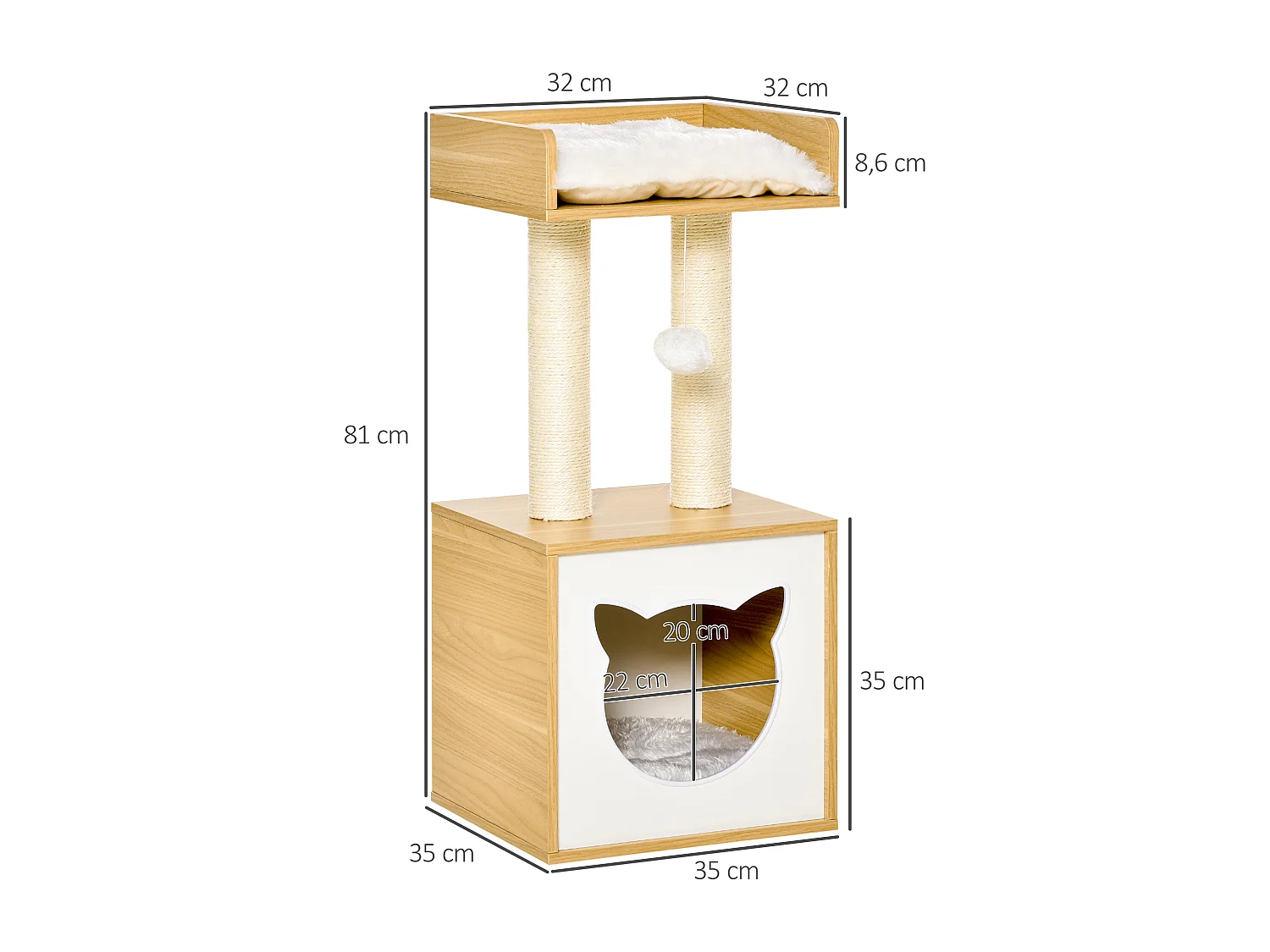 Arbre à chat 2 griffoirs niche entrée tête de chat plateforme d'observation jouet suspendu coussins amovibles peluche grande douceur aspect bois clair