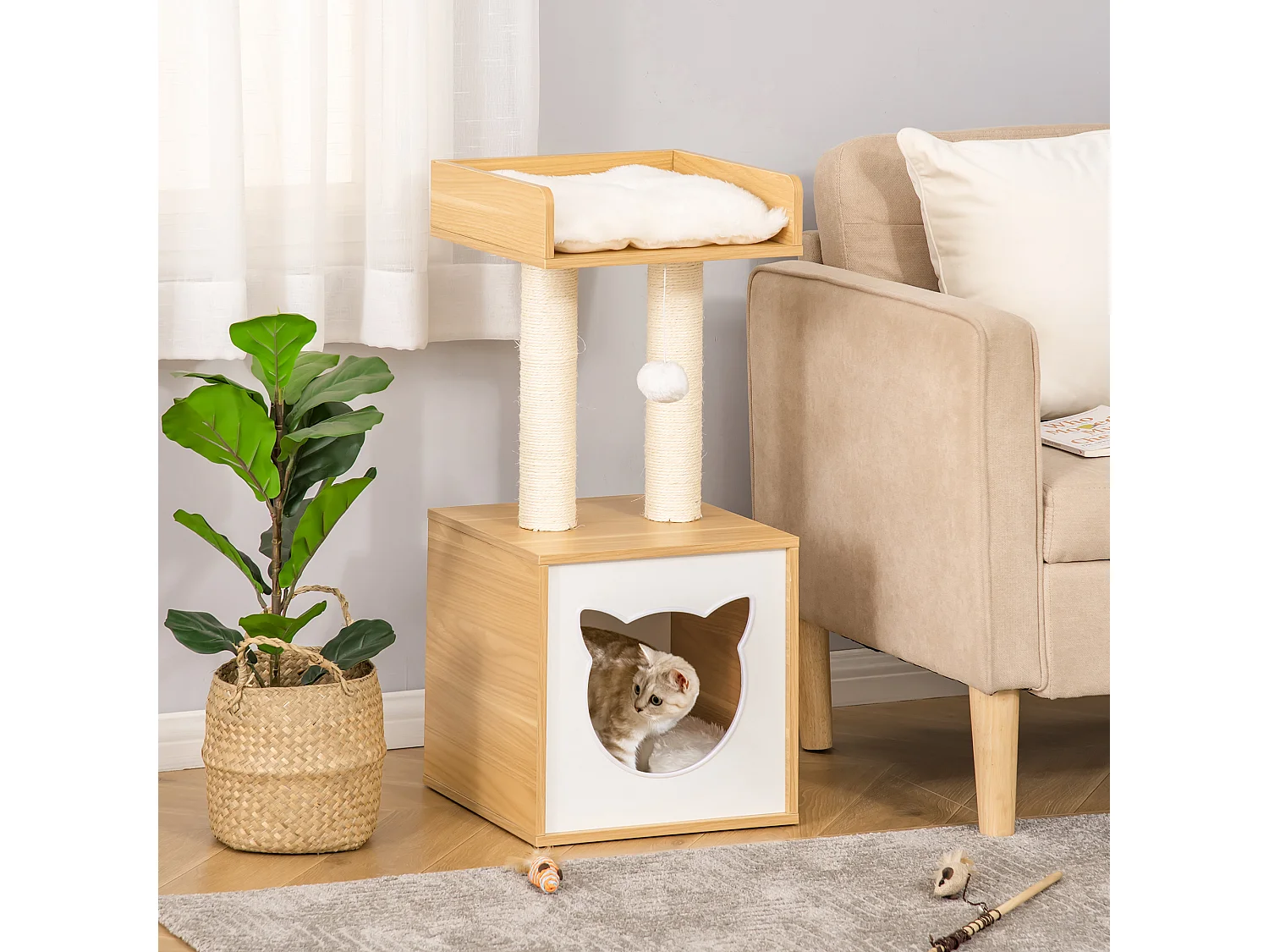 Arbre à chat 2 griffoirs niche entrée tête de chat plateforme d'observation jouet suspendu coussins amovibles peluche grande douceur aspect bois clair