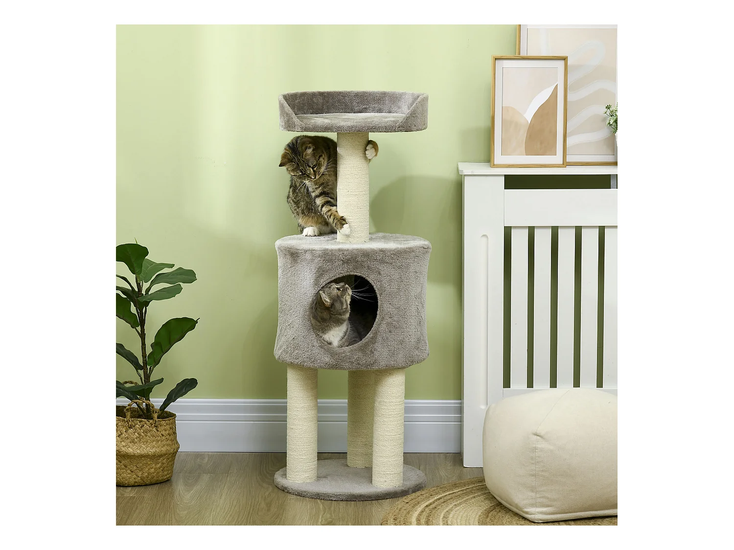 Arbre à chat griffoirs sisal naturel arbre à grimper H.103 cm niche plateforme d'observation peluche grise