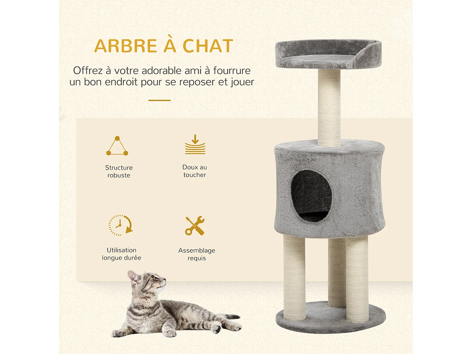 Arbre à chat griffoirs sisal naturel arbre à grimper H.103 cm niche plateforme d'observation peluche grise