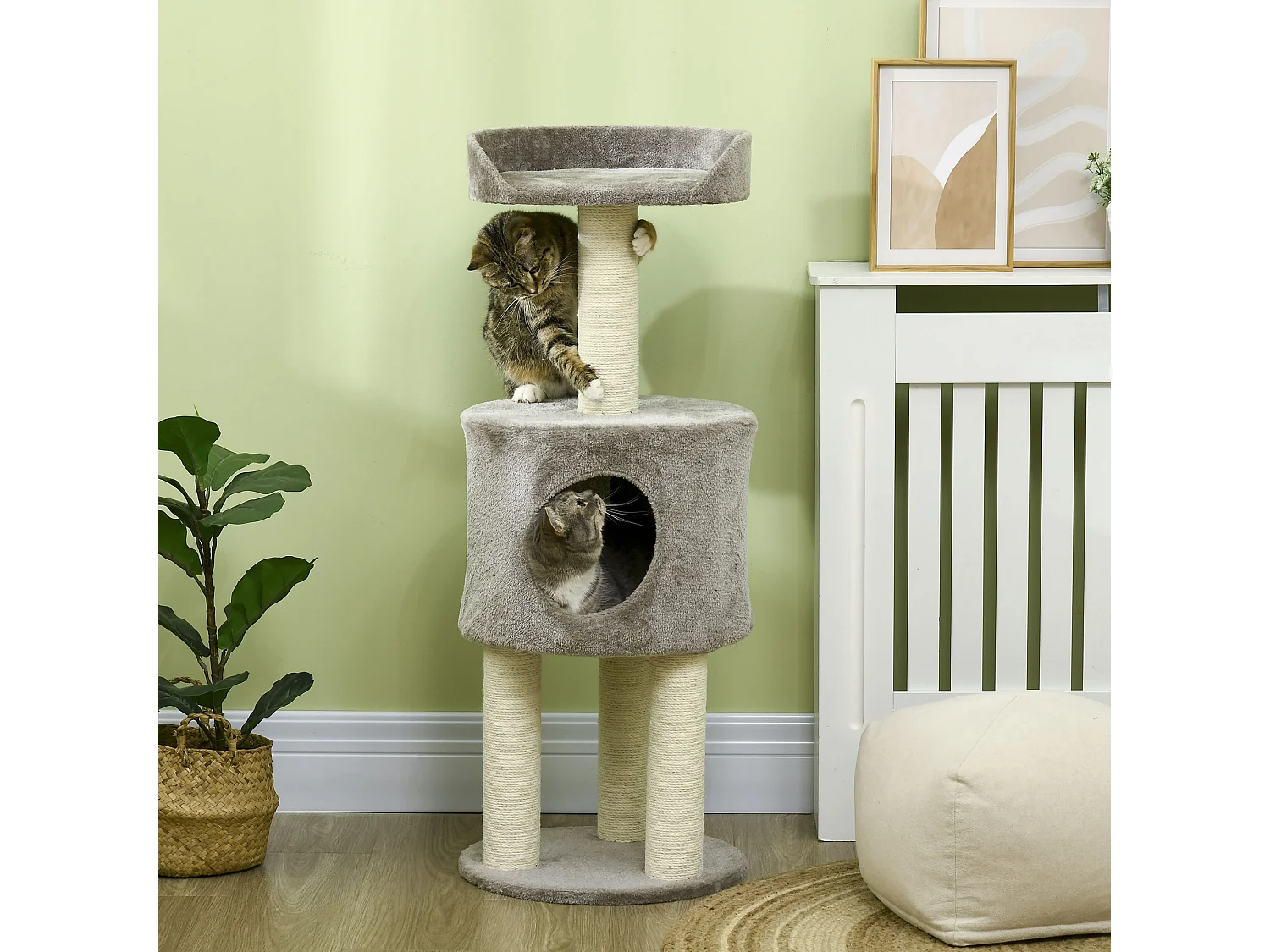 Arbre à chat griffoirs sisal naturel arbre à grimper H.103 cm niche plateforme d'observation peluche grise