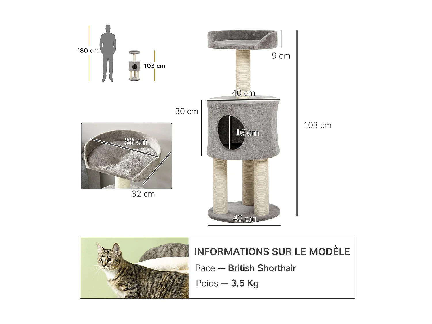 Arbre à chat griffoirs sisal naturel arbre à grimper H.103 cm niche plateforme d'observation peluche grise