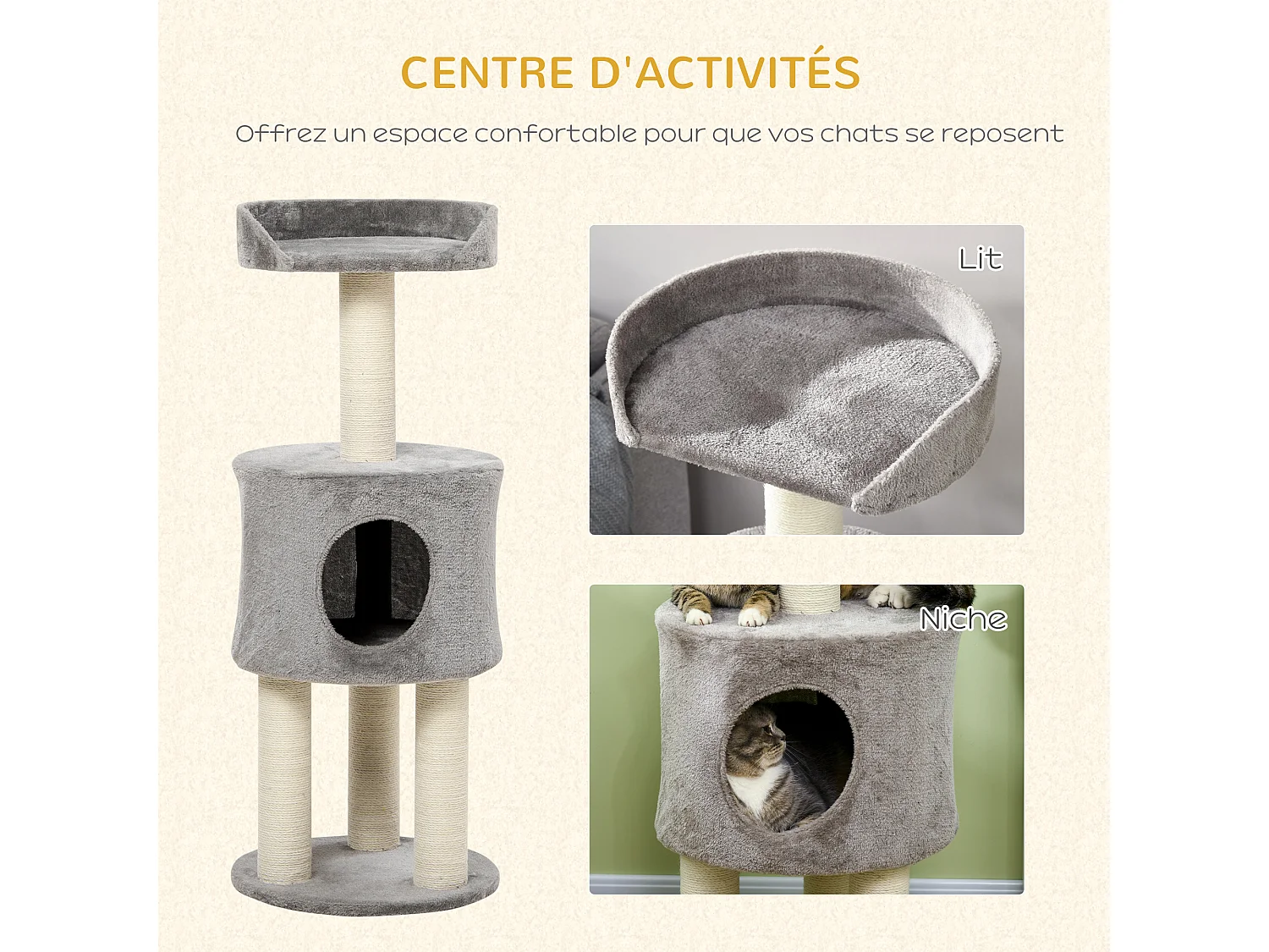 Arbre à chat griffoirs sisal naturel arbre à grimper H.103 cm niche plateforme d'observation peluche grise