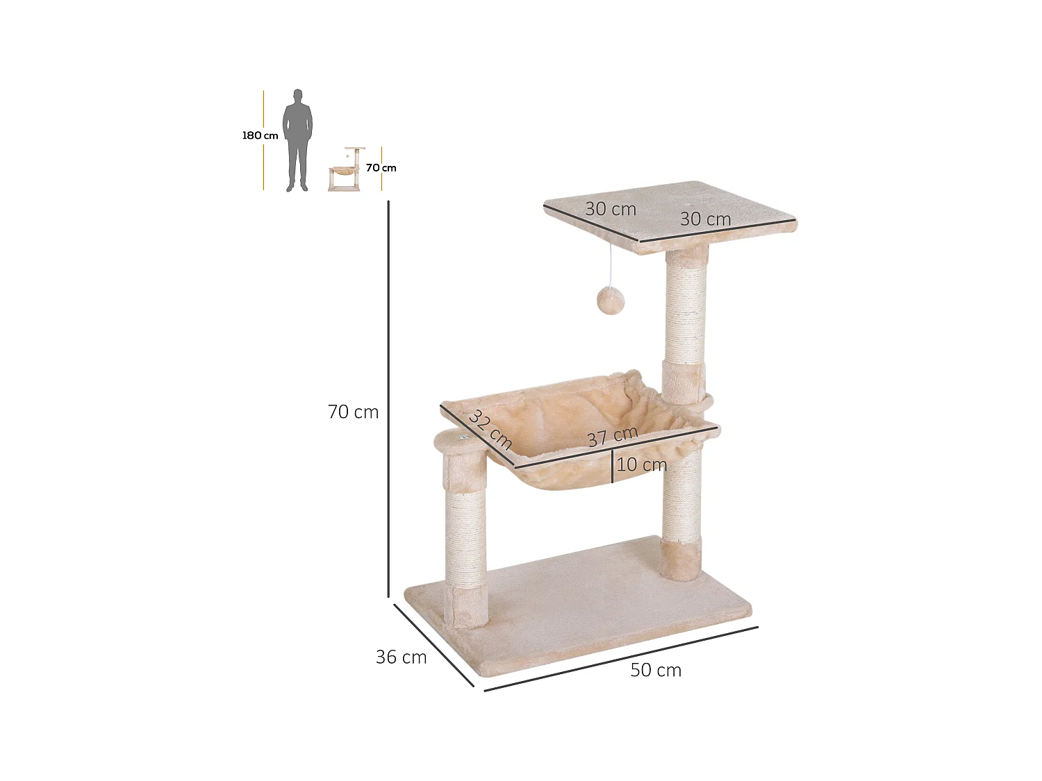 Arbre à chat 3 griffoirs grattoirs sisal naturel plateforme hamac et boule suspendue dim. 50L x 36l x 70H cm peluche haute densité 220 g/m² beige