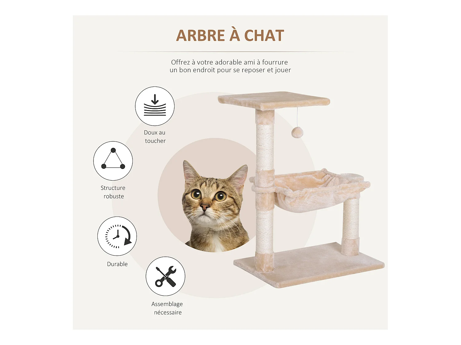 Arbre à chat 3 griffoirs grattoirs sisal naturel plateforme hamac et boule suspendue dim. 50L x 36l x 70H cm peluche haute densité 220 g/m² beige