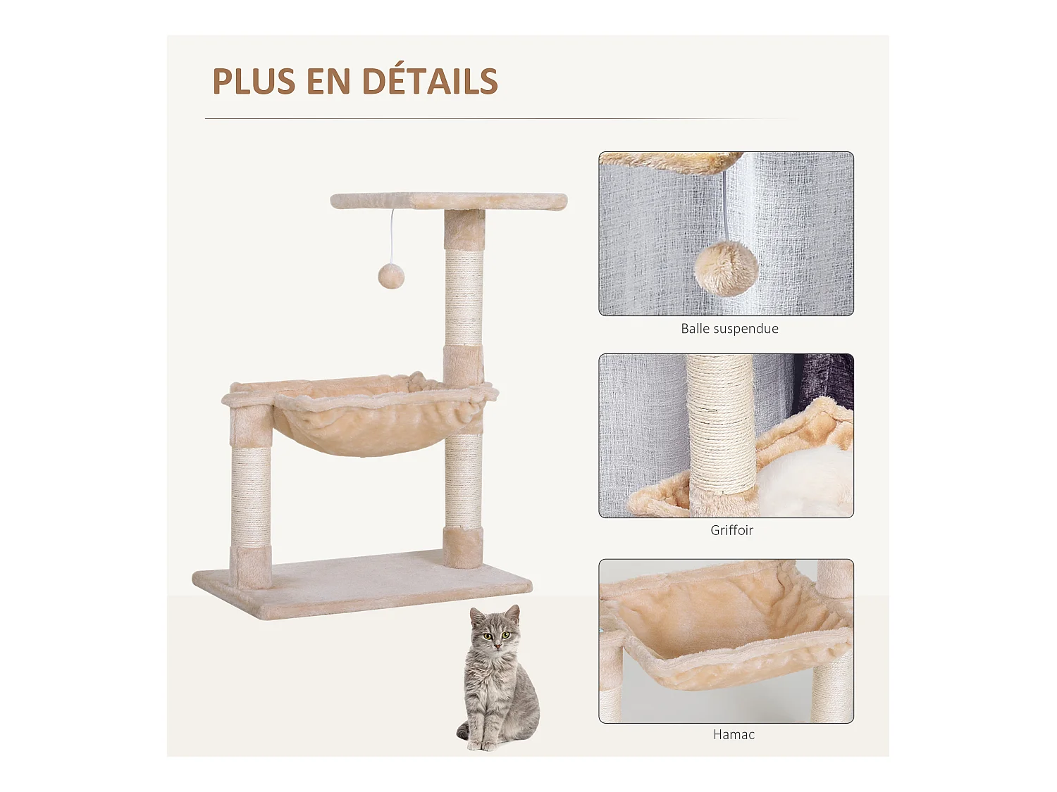 Arbre à chat 3 griffoirs grattoirs sisal naturel plateforme hamac et boule suspendue dim. 50L x 36l x 70H cm peluche haute densité 220 g/m² beige
