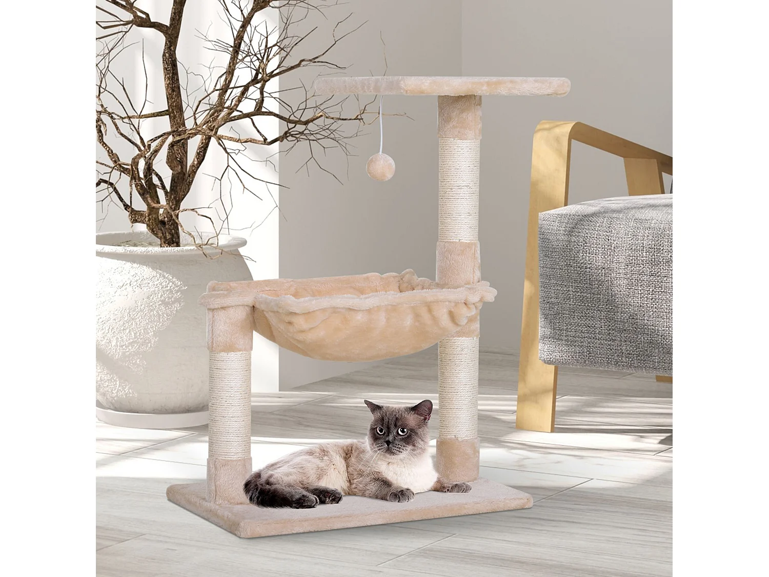Arbre à chat 3 griffoirs grattoirs sisal naturel plateforme hamac et boule suspendue dim. 50L x 36l x 70H cm peluche haute densité 220 g/m² beige