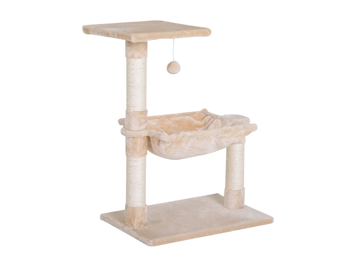 Arbre à chat 3 griffoirs grattoirs sisal naturel plateforme hamac et boule suspendue dim. 50L x 36l x 70H cm peluche haute densité 220 g/m² beige