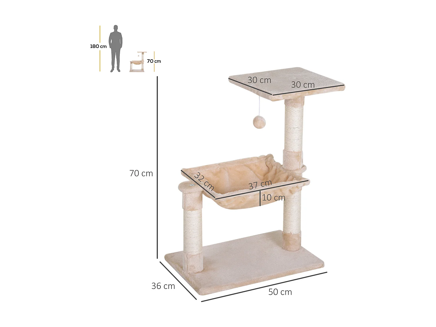 Arbre à chat 3 griffoirs grattoirs sisal naturel plateforme hamac et boule suspendue dim. 50L x 36l x 70H cm peluche haute densité 220 g/m² beige