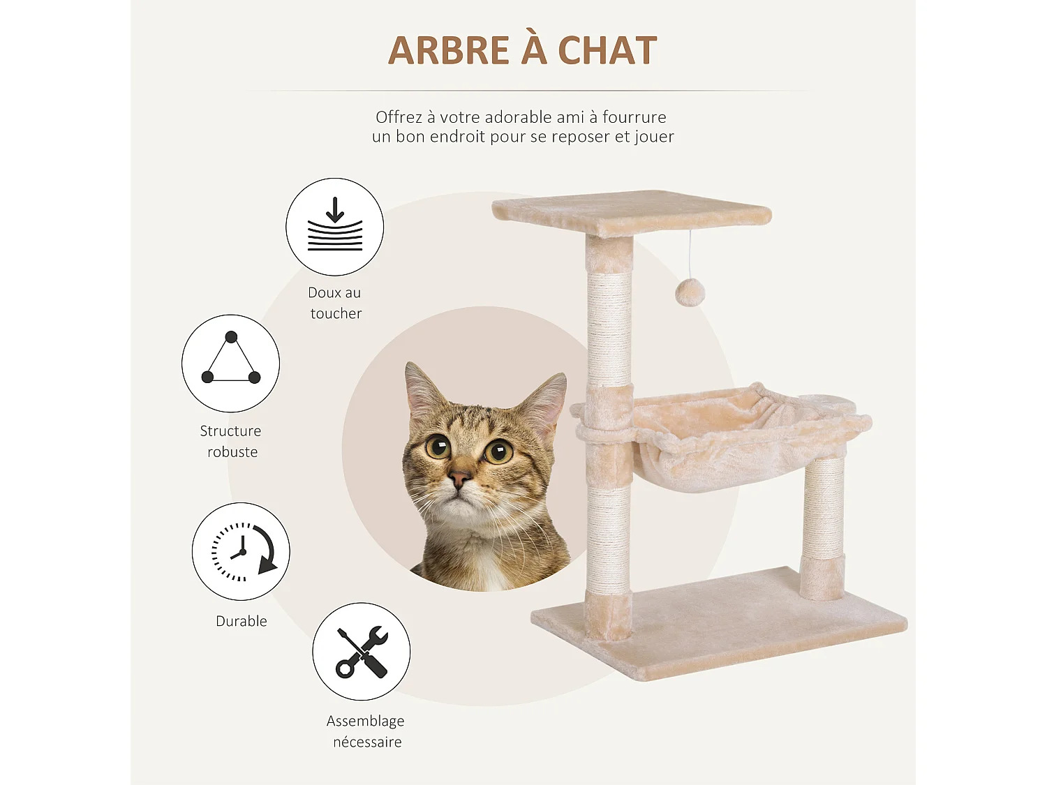 Arbre à chat 3 griffoirs grattoirs sisal naturel plateforme hamac et boule suspendue dim. 50L x 36l x 70H cm peluche haute densité 220 g/m² beige