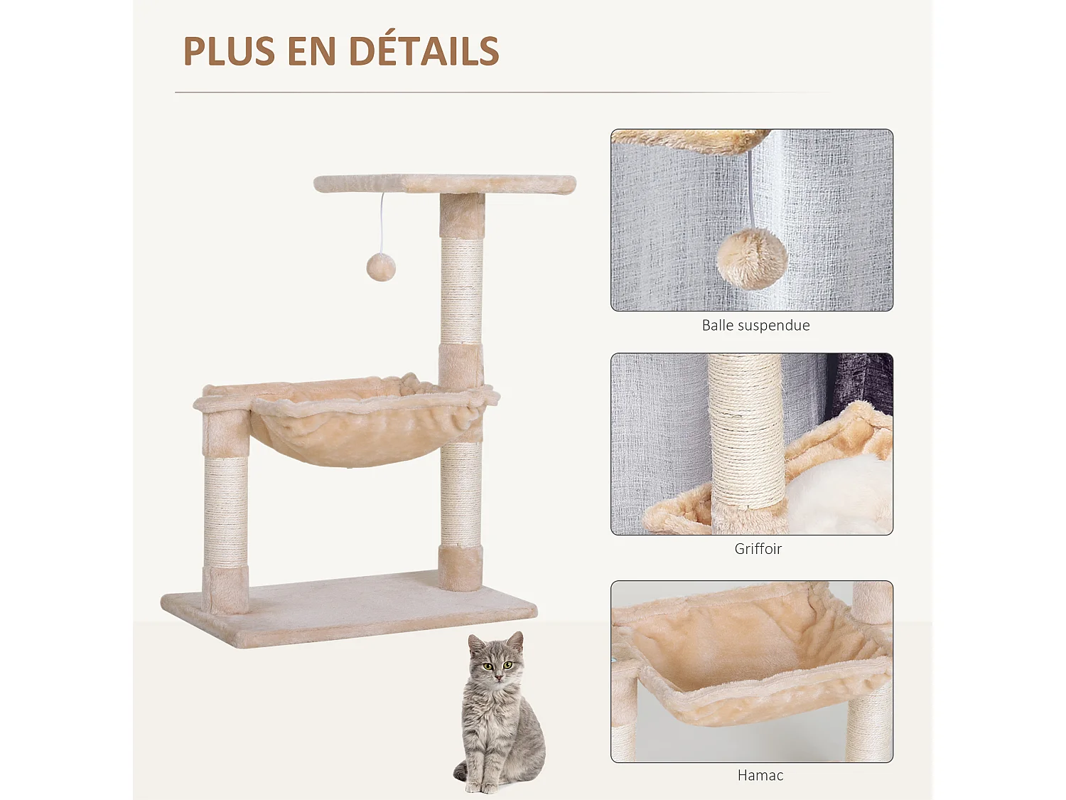 Arbre à chat 3 griffoirs grattoirs sisal naturel plateforme hamac et boule suspendue dim. 50L x 36l x 70H cm peluche haute densité 220 g/m² beige
