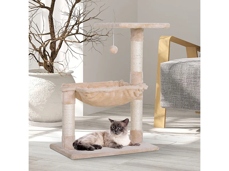 Arbre à chat 3 griffoirs grattoirs sisal naturel plateforme hamac et boule suspendue dim. 50L x 36l x 70H cm peluche haute densité 220 g/m² beige