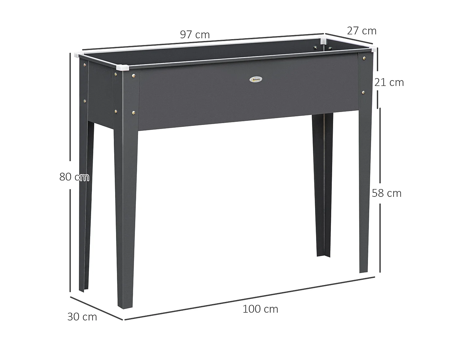 Jardinière sur pied carré potager 100L x 30l x 80H cm - trou drainage - acier galvanisé gris
