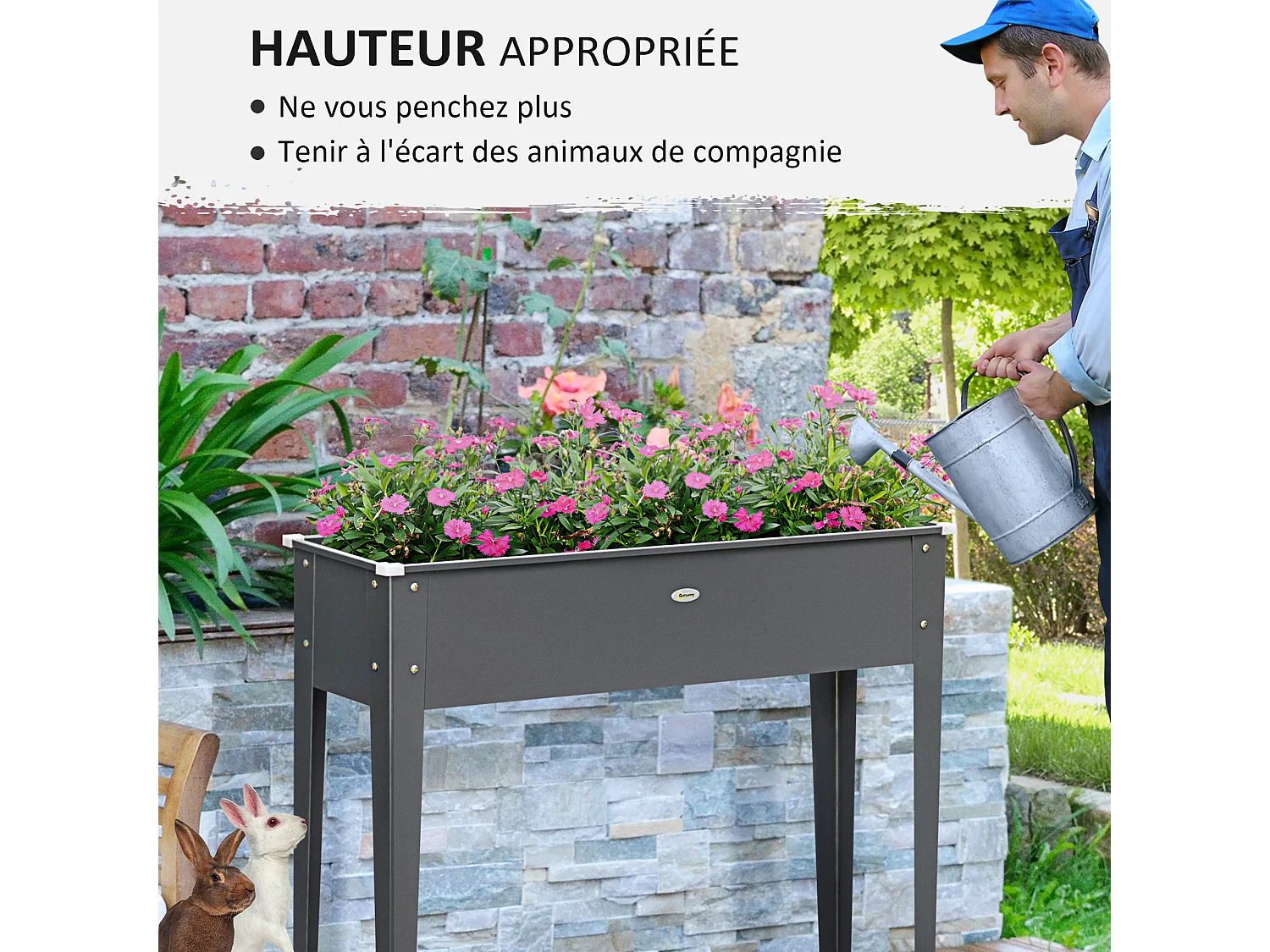 Jardinière sur pied carré potager 100L x 30l x 80H cm - trou drainage - acier galvanisé gris