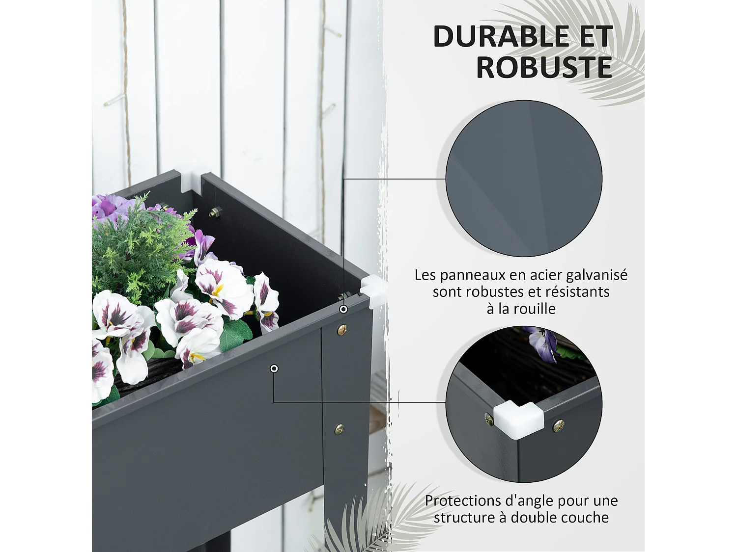 Jardinière sur pied carré potager 100L x 30l x 80H cm - trou drainage - acier galvanisé gris