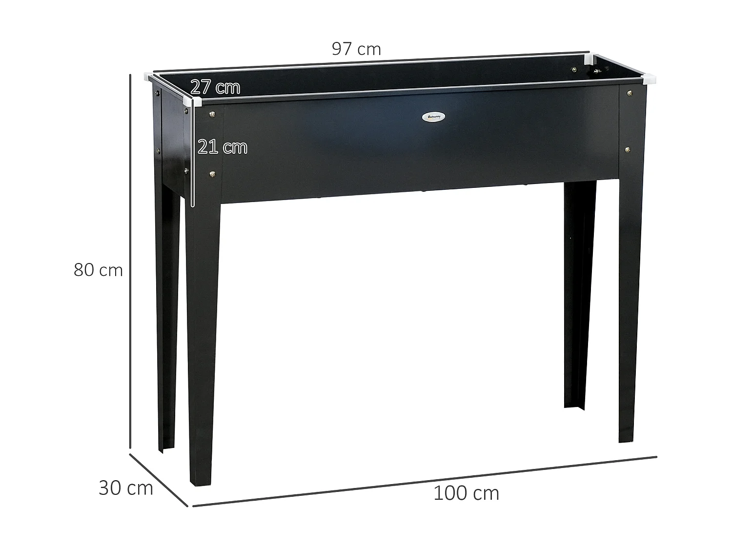 Jardinière sur pied carré potager 100L x 30l x 80H cm - trou drainage - acier galvanisé noir