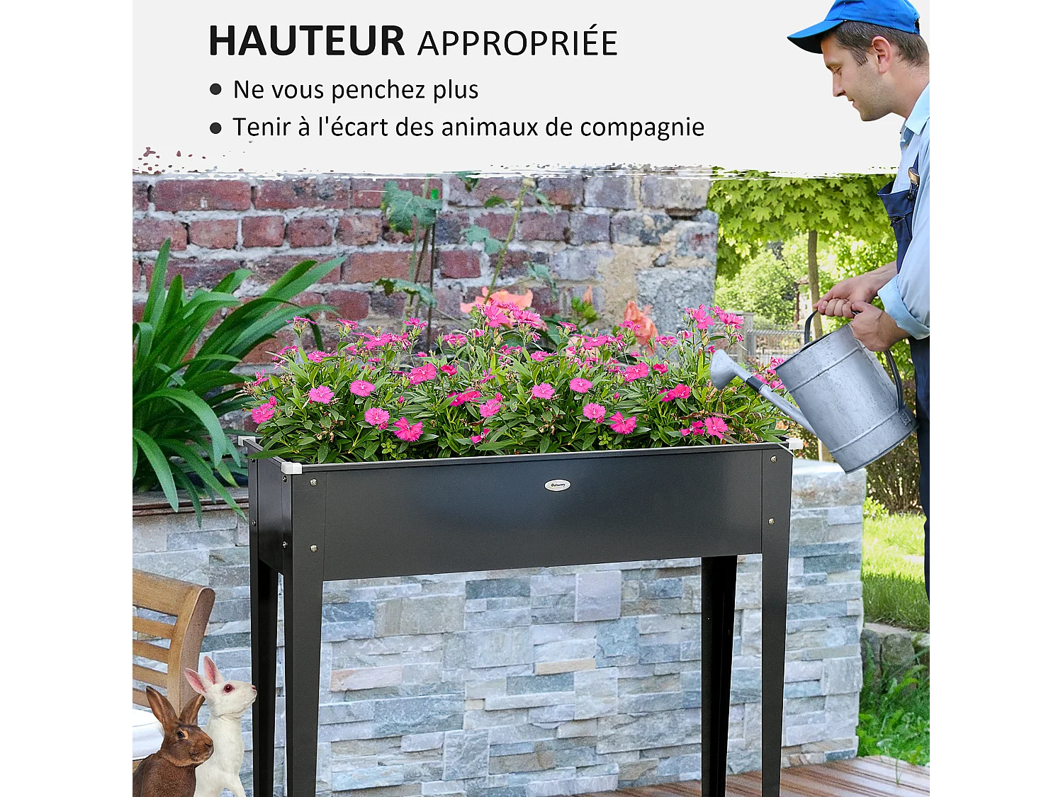 Jardinière sur pied carré potager 100L x 30l x 80H cm - trou drainage - acier galvanisé noir
