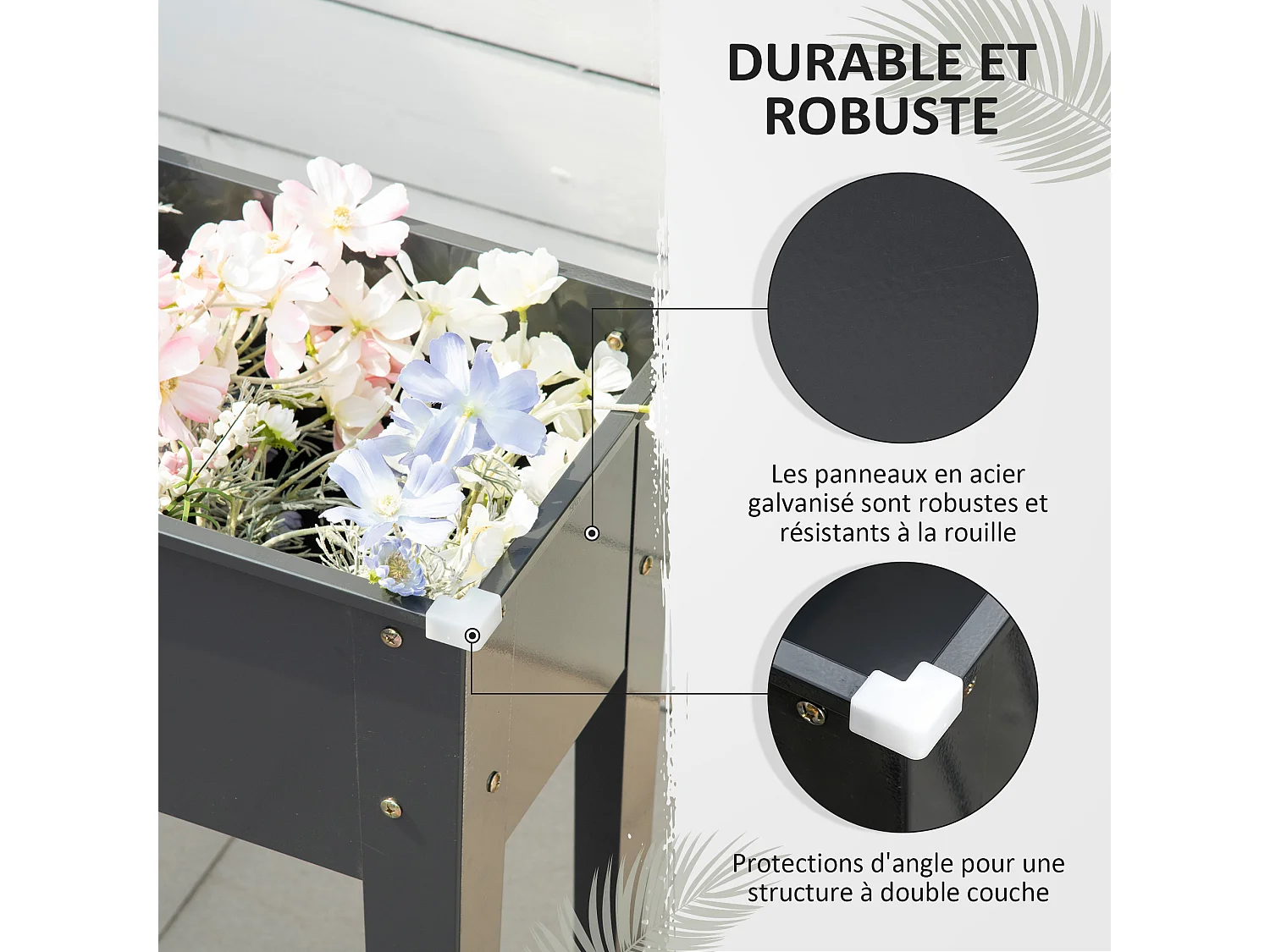 Jardinière sur pied carré potager 100L x 30l x 80H cm - trou drainage - acier galvanisé noir