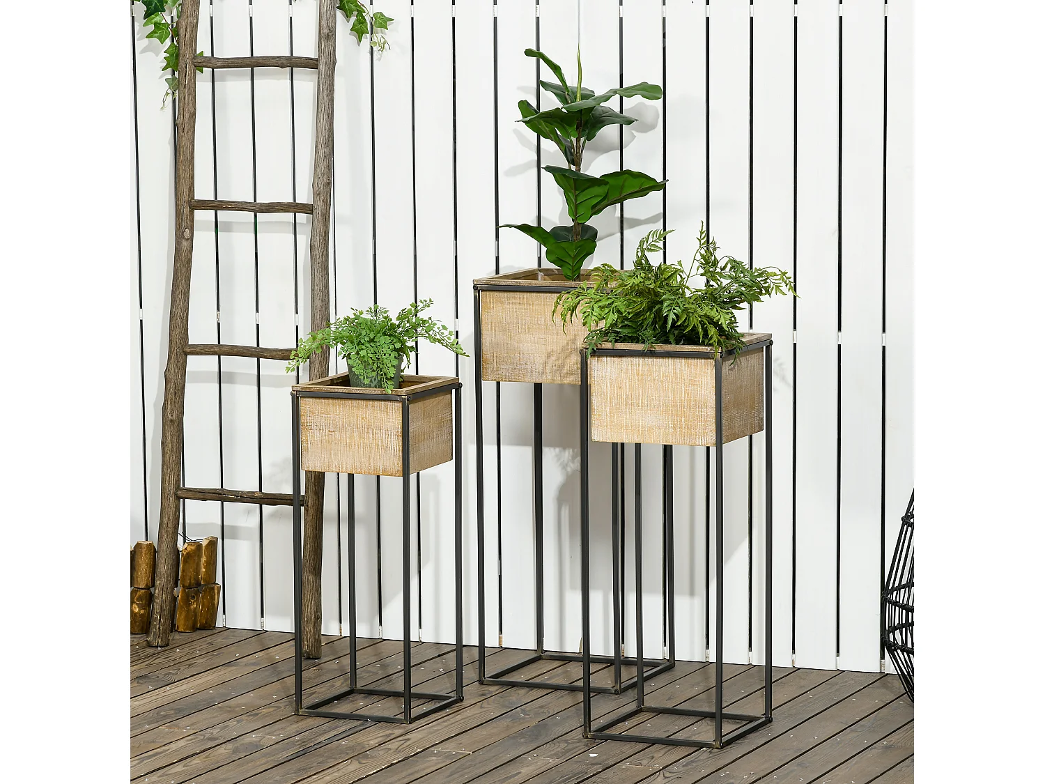 Lot de 3 cache-pots carrés sur pied pour plantes - 3 hauteurs différentes - bois de sapin métal noir aspect vieilli