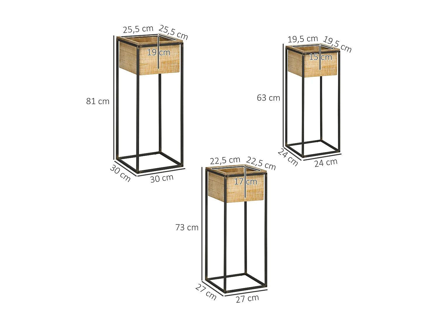 Lot de 3 cache-pots carrés sur pied pour plantes - 3 hauteurs différentes - bois de sapin métal noir aspect vieilli
