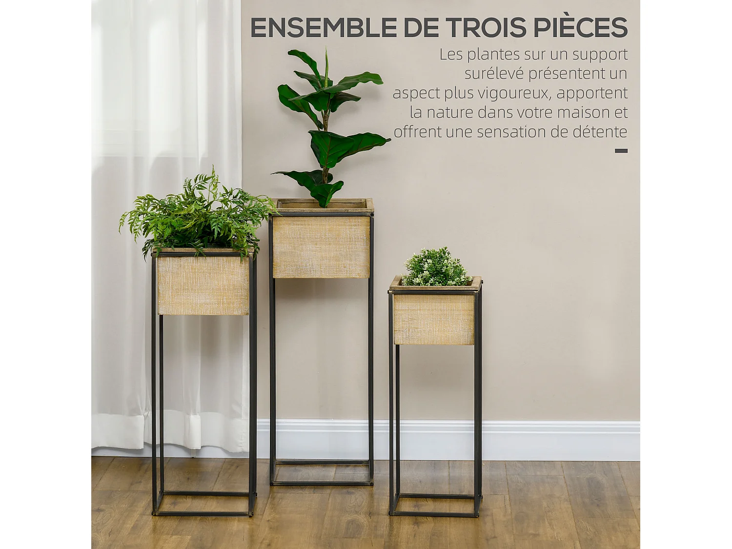 Lot de 3 cache-pots carrés sur pied pour plantes - 3 hauteurs différentes - bois de sapin métal noir aspect vieilli