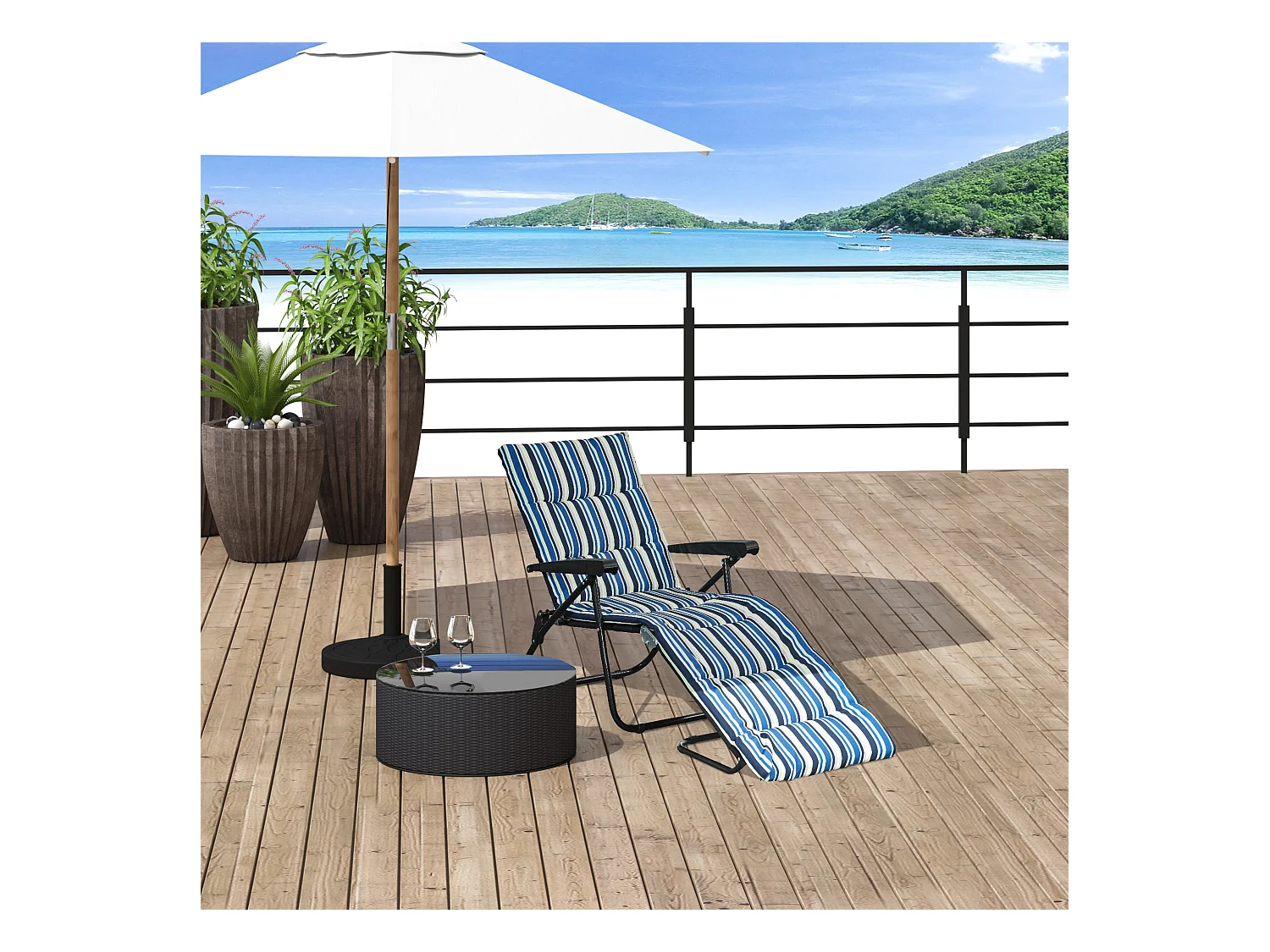 Bain de soleil pliable transat inclinable 6 positions grand confort avec matelas + accoudoirs acier polyester multicolore