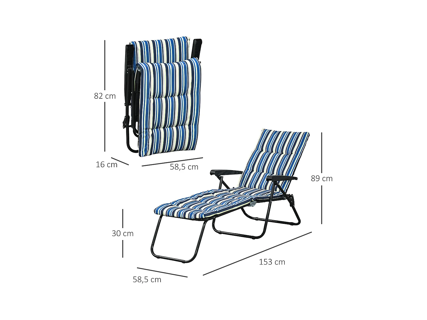 Bain de soleil pliable transat inclinable 6 positions grand confort avec matelas + accoudoirs acier polyester multicolore