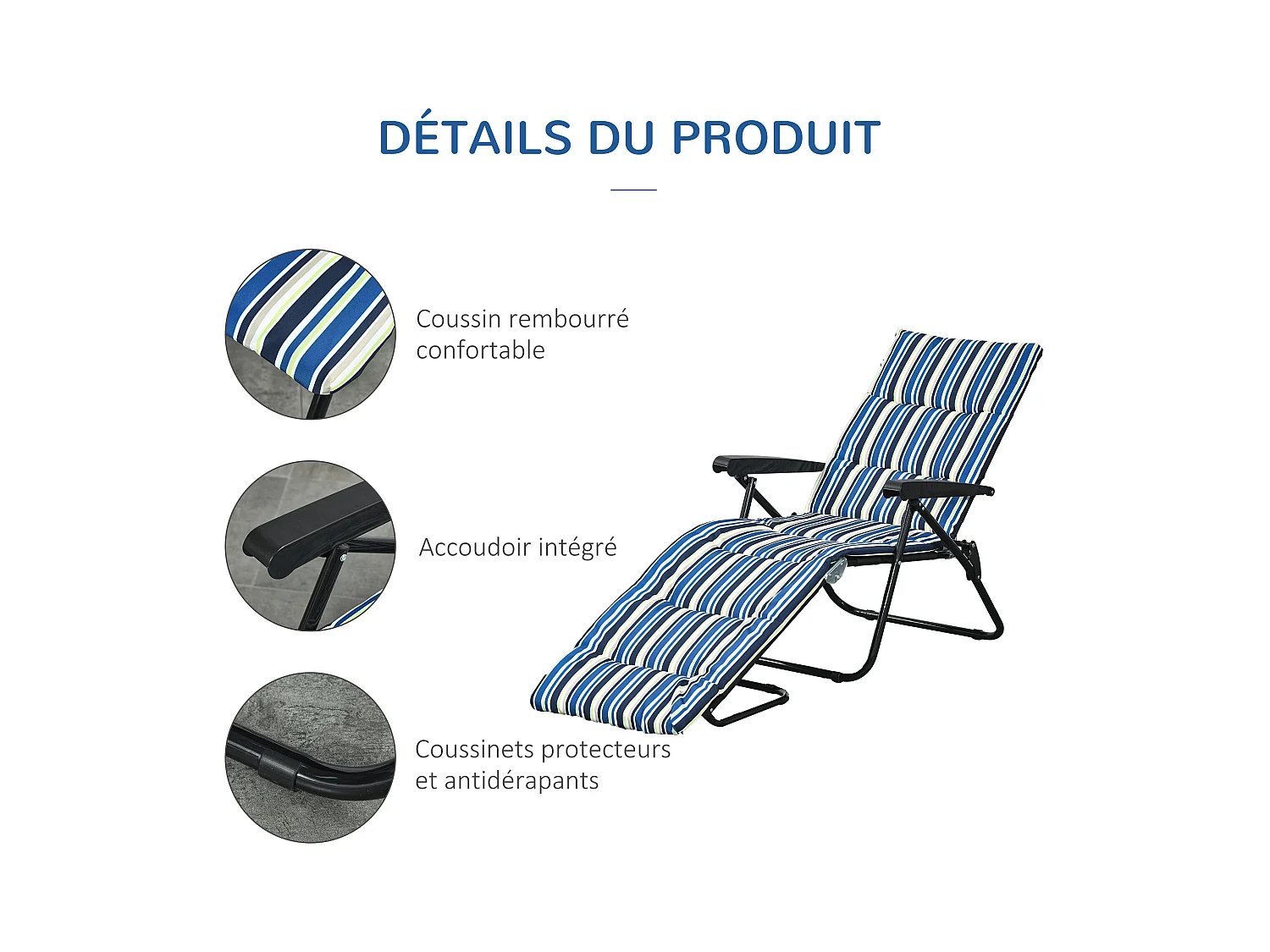 Bain de soleil pliable transat inclinable 6 positions grand confort avec matelas + accoudoirs acier polyester multicolore