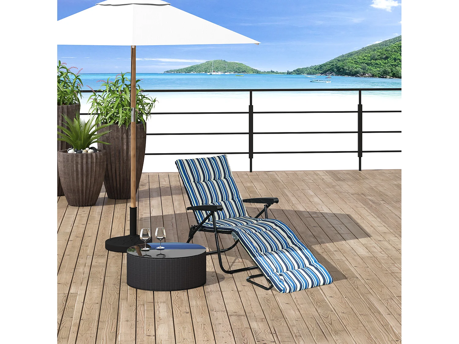 Bain de soleil pliable transat inclinable 6 positions grand confort avec matelas + accoudoirs acier polyester multicolore