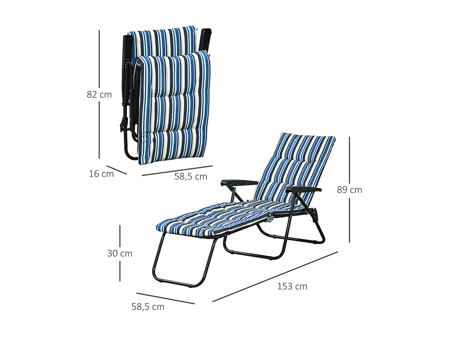 Bain de soleil pliable transat inclinable 6 positions grand confort avec matelas + accoudoirs acier polyester multicolore