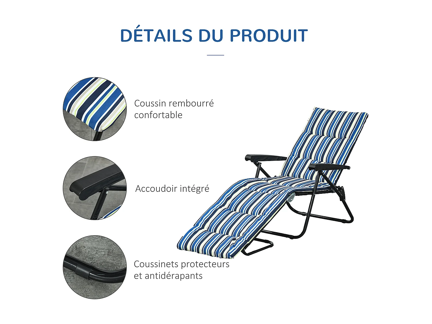 Bain de soleil pliable transat inclinable 6 positions grand confort avec matelas + accoudoirs acier polyester multicolore