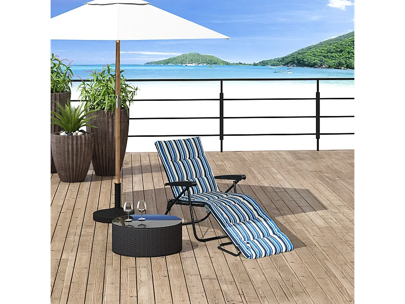 Bain de soleil pliable transat inclinable 6 positions grand confort avec matelas + accoudoirs acier polyester multicolore