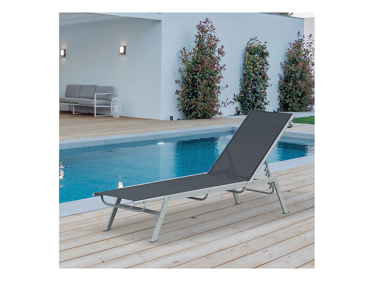Bain de soleil transat - chaise longue - design contemporain - dossier inclinable multi-positions - métal époxy textilène noir - dim. 170 x 58 x 97 cm