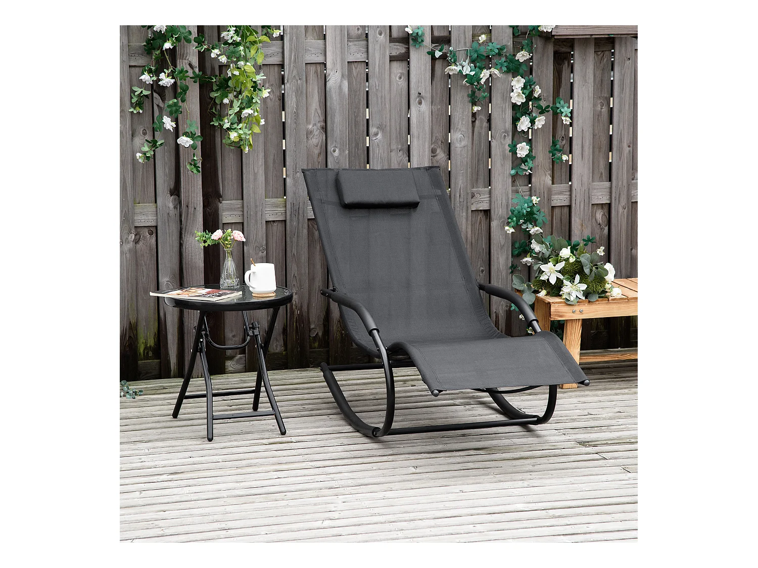 Chaise longue à bascule - rocking chair design - tétière, accoudoirs, assise dossier ergonomique - métal époxy textilène noir