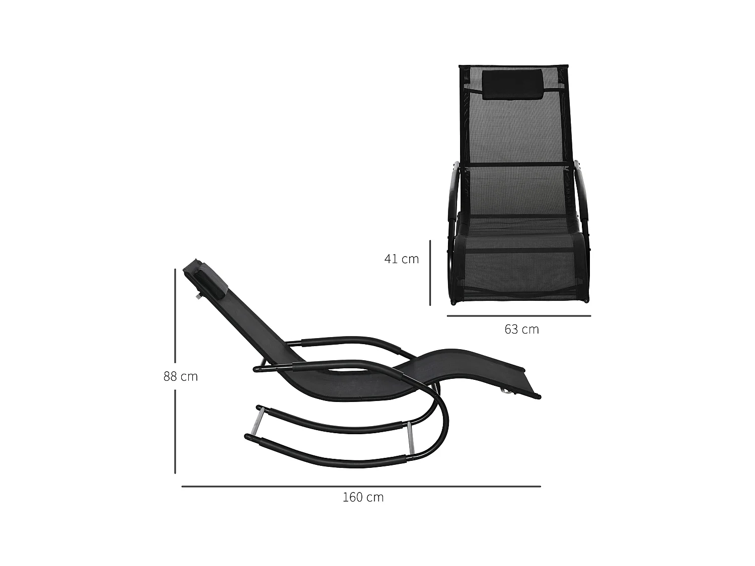 Chaise longue à bascule - rocking chair design - tétière, accoudoirs, assise dossier ergonomique - métal époxy textilène noir