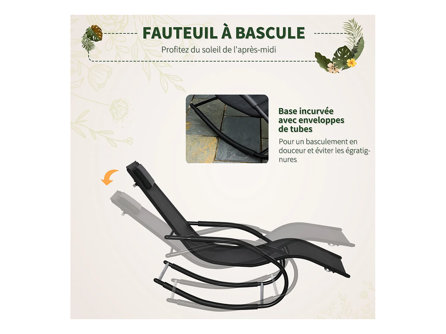 Chaise longue à bascule - rocking chair design - tétière, accoudoirs, assise dossier ergonomique - métal époxy textilène noir