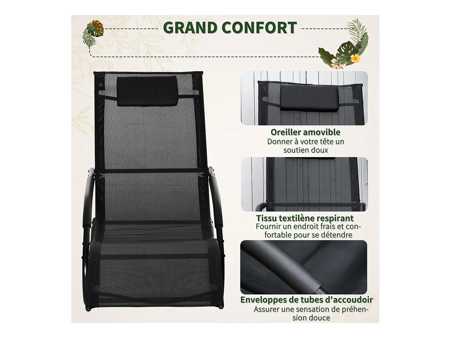 Chaise longue à bascule - rocking chair design - tétière, accoudoirs, assise dossier ergonomique - métal époxy textilène noir