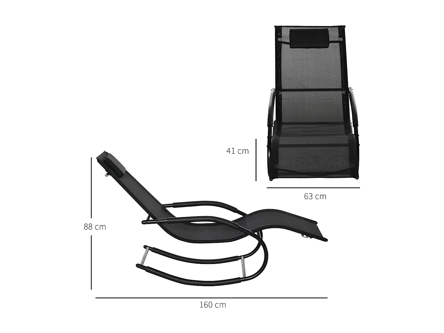 Chaise longue à bascule - rocking chair design - tétière, accoudoirs, assise dossier ergonomique - métal époxy textilène noir