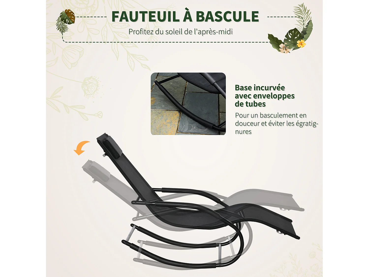 Chaise longue à bascule - rocking chair design - tétière, accoudoirs, assise dossier ergonomique - métal époxy textilène noir