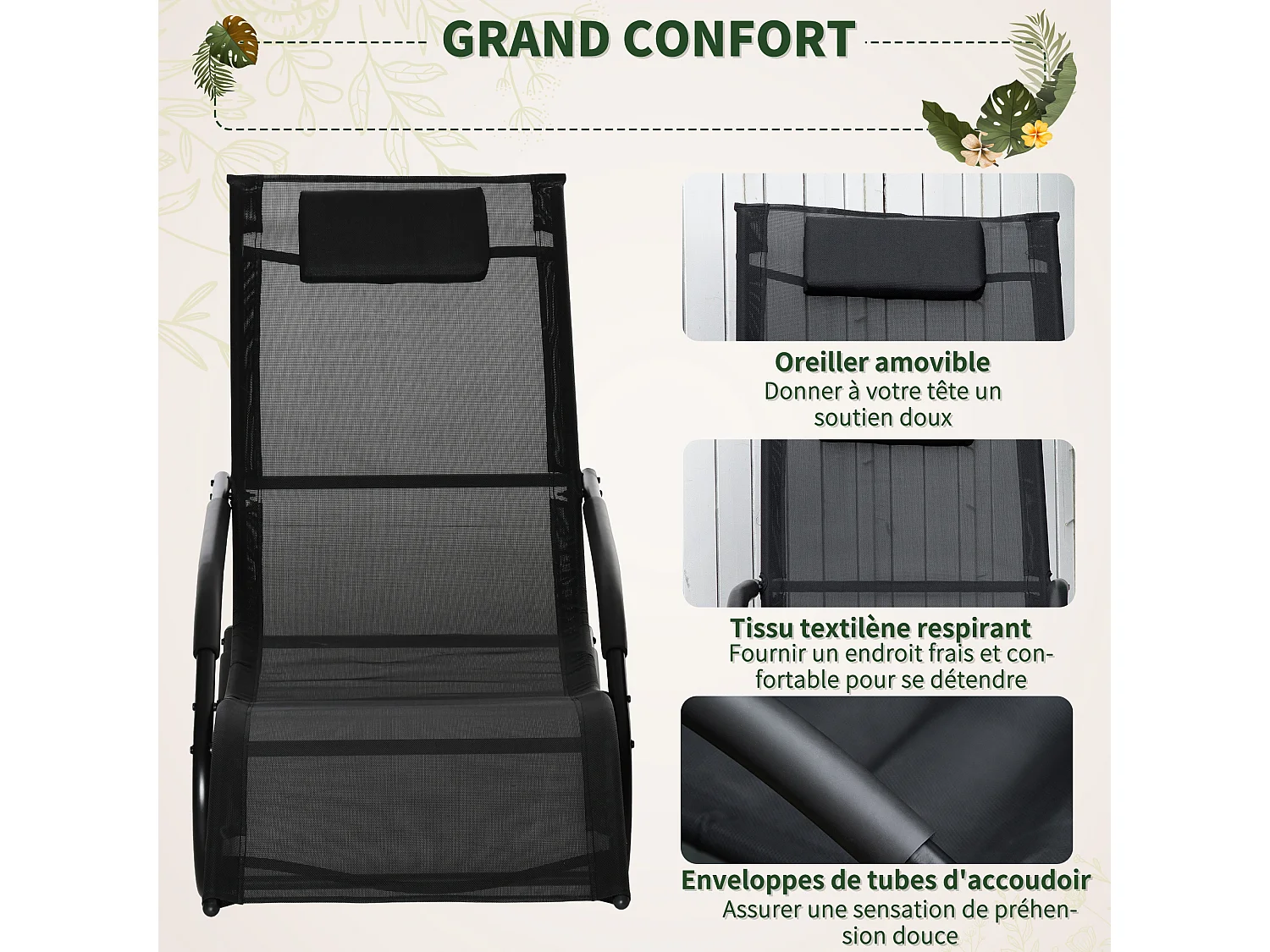 Chaise longue à bascule - rocking chair design - tétière, accoudoirs, assise dossier ergonomique - métal époxy textilène noir