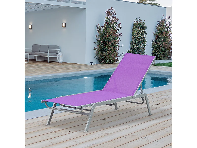 Bain de soleil transat - chaise longue - design contemporain - dossier inclinable multi-positions - métal époxy textilène mauve - dim. 170 x 58 x 97 cm