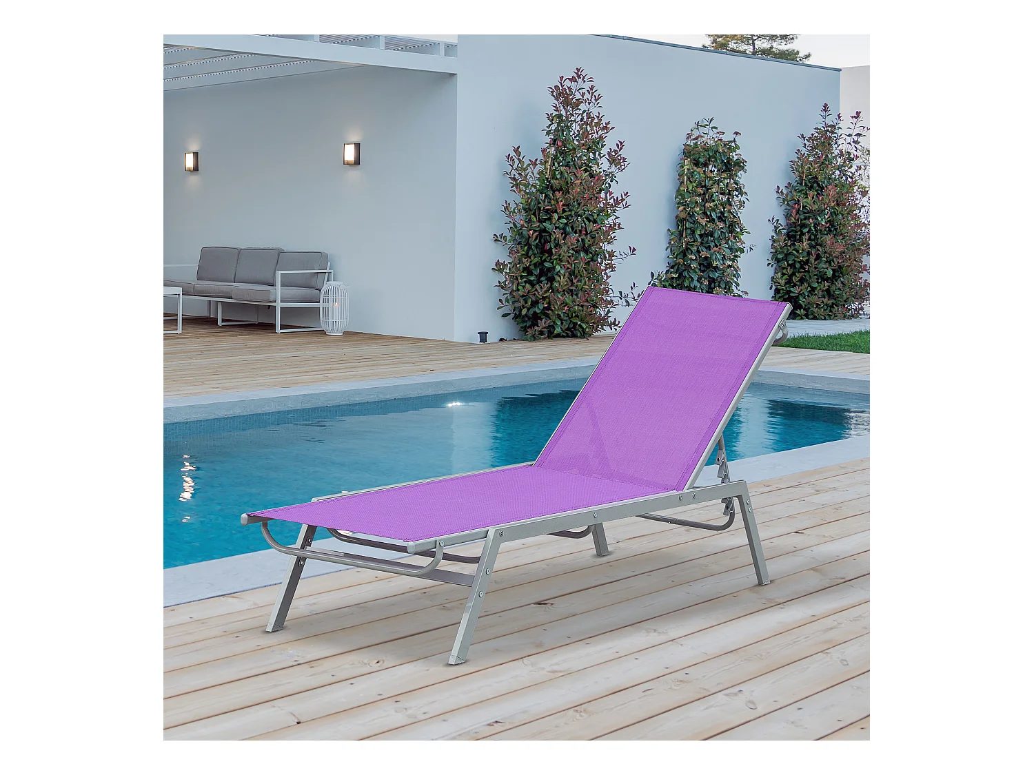 Bain de soleil transat - chaise longue - design contemporain - dossier inclinable multi-positions - métal époxy textilène mauve - dim. 170 x 58 x 97 cm