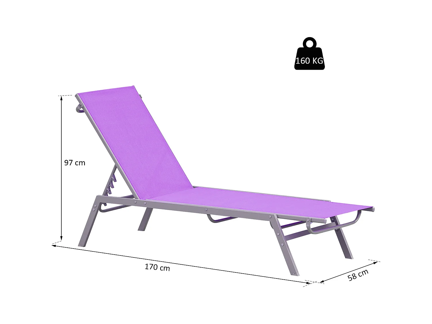 Bain de soleil transat - chaise longue - design contemporain - dossier inclinable multi-positions - métal époxy textilène mauve - dim. 170 x 58 x 97 cm