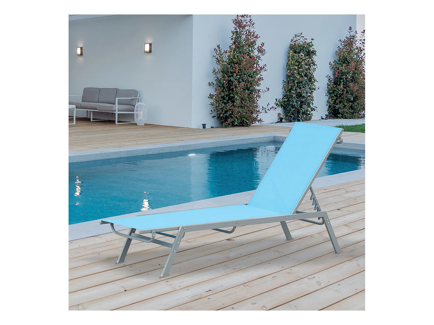 Bain de soleil transat - chaise longue - design contemporain - dossier inclinable multi-positions - métal époxy textilène bleu ciel - dim. 170 x 58 x 97 cm