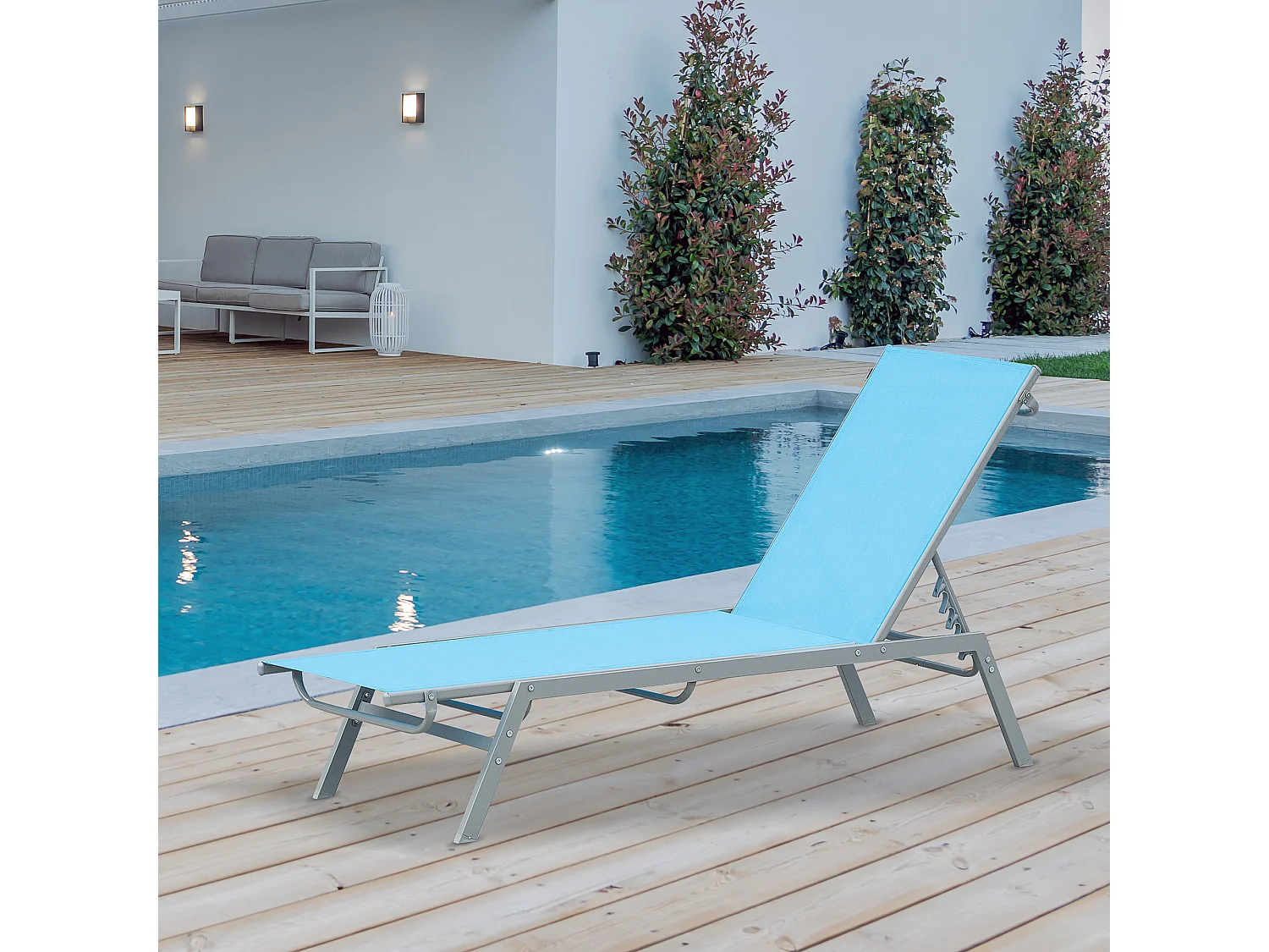 Bain de soleil transat - chaise longue - design contemporain - dossier inclinable multi-positions - métal époxy textilène bleu ciel - dim. 170 x 58 x 97 cm
