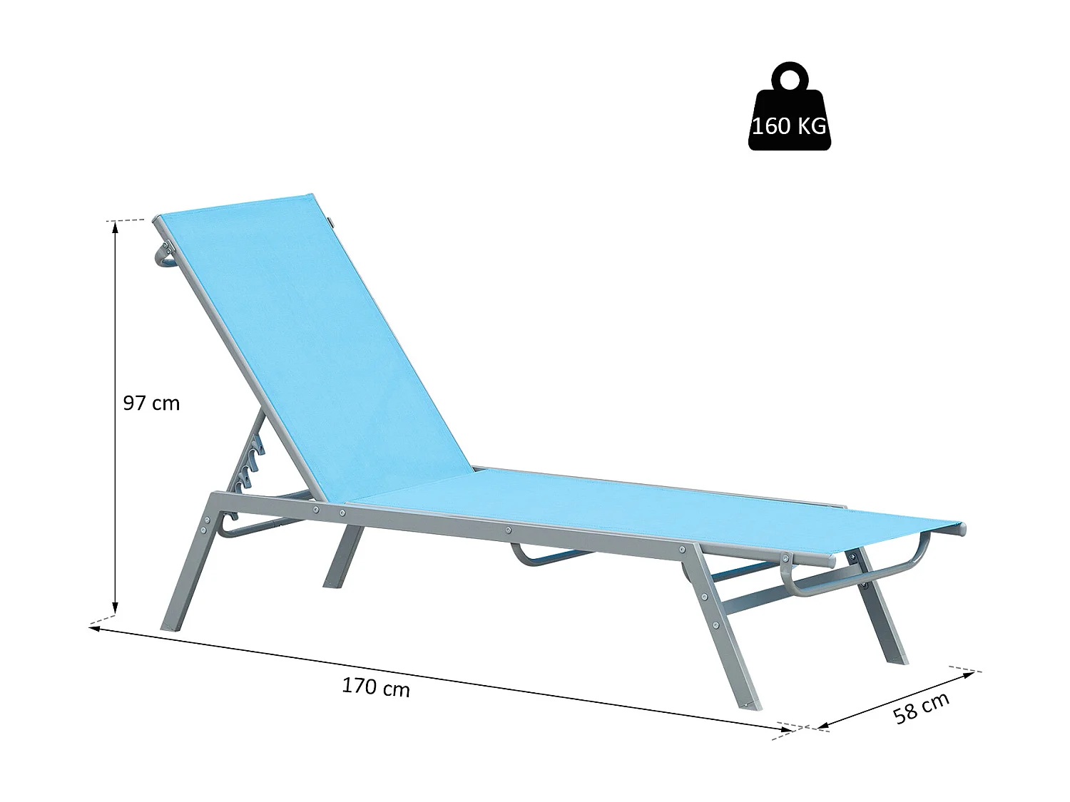 Bain de soleil transat - chaise longue - design contemporain - dossier inclinable multi-positions - métal époxy textilène bleu ciel - dim. 170 x 58 x 97 cm