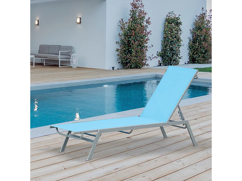 Bain de soleil transat - chaise longue - design contemporain - dossier inclinable multi-positions - métal époxy textilène bleu ciel - dim. 170 x 58 x 97 cm