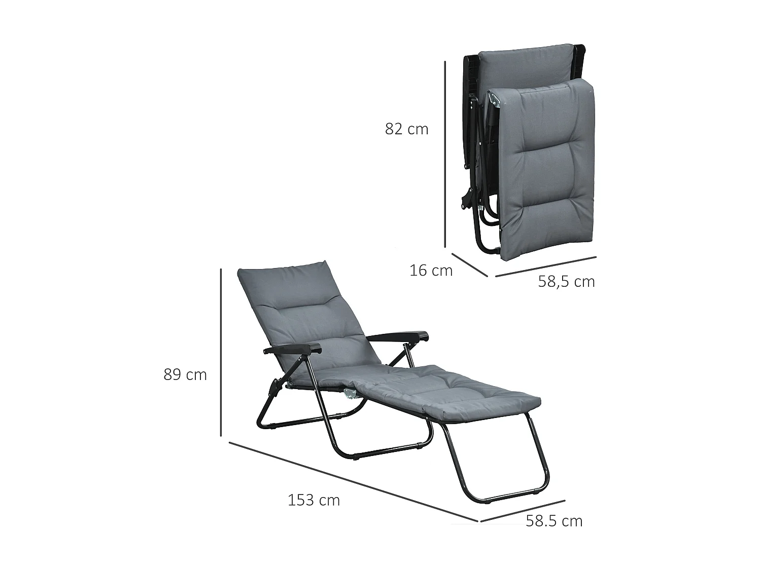 Bain de soleil pliable transat inclinable 6 positions grand confort avec matelas + accoudoirs acier polyester gris