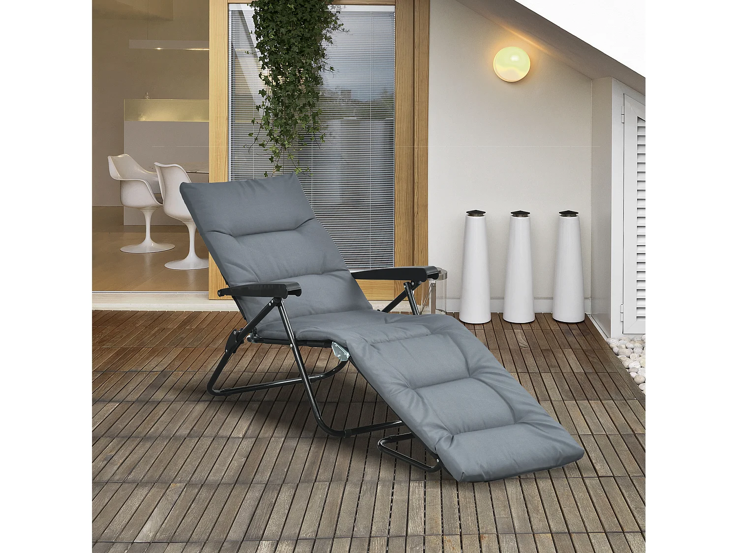Bain de soleil pliable transat inclinable 6 positions grand confort avec matelas + accoudoirs acier polyester gris