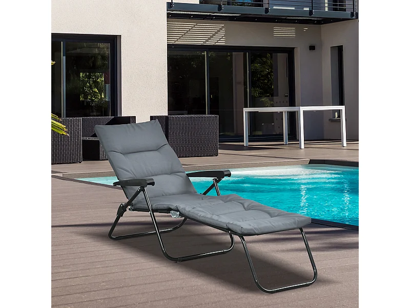 Bain de soleil pliable transat inclinable 6 positions grand confort avec matelas + accoudoirs acier polyester gris